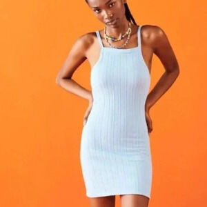 Zara Cable Knit Weave Tight Bodycon Mini  Dress Light Powder Blue Sz M
